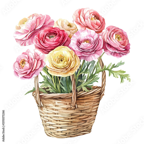 Ranunculus bouquet in a basket, watercolor illustration, isolated on a white background.

