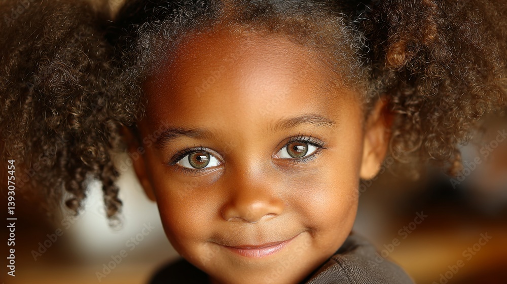 Smiling young girl with curly hair and expressive brown eyes
