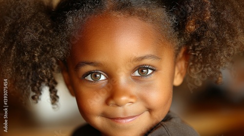 Obraz na płótnie Smiling young girl with curly hair and expressive brown eyes w salonie