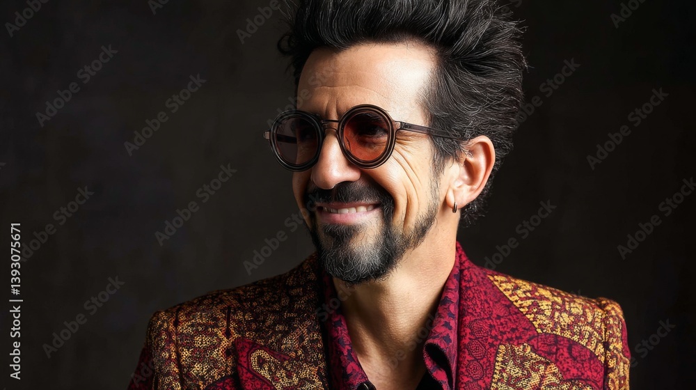 Stylish man with glasses smiling in a patterned suit against a dark background