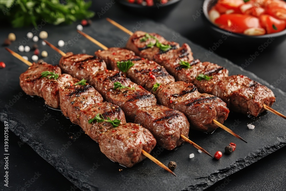 Fried chicken kebabs on plate. Appetizing juicy shashlik on skewers on plate on the table. Baked meat and vegetables sprinkled with spices and herbs. blurred background of picnic in nature. Fried chicken kebabs on plate. Appetizing juicy shashlik on skewers on plate on the table. Baked meat and vegetables sprinkled with spices and herbs. blurred background of picnic in nature.