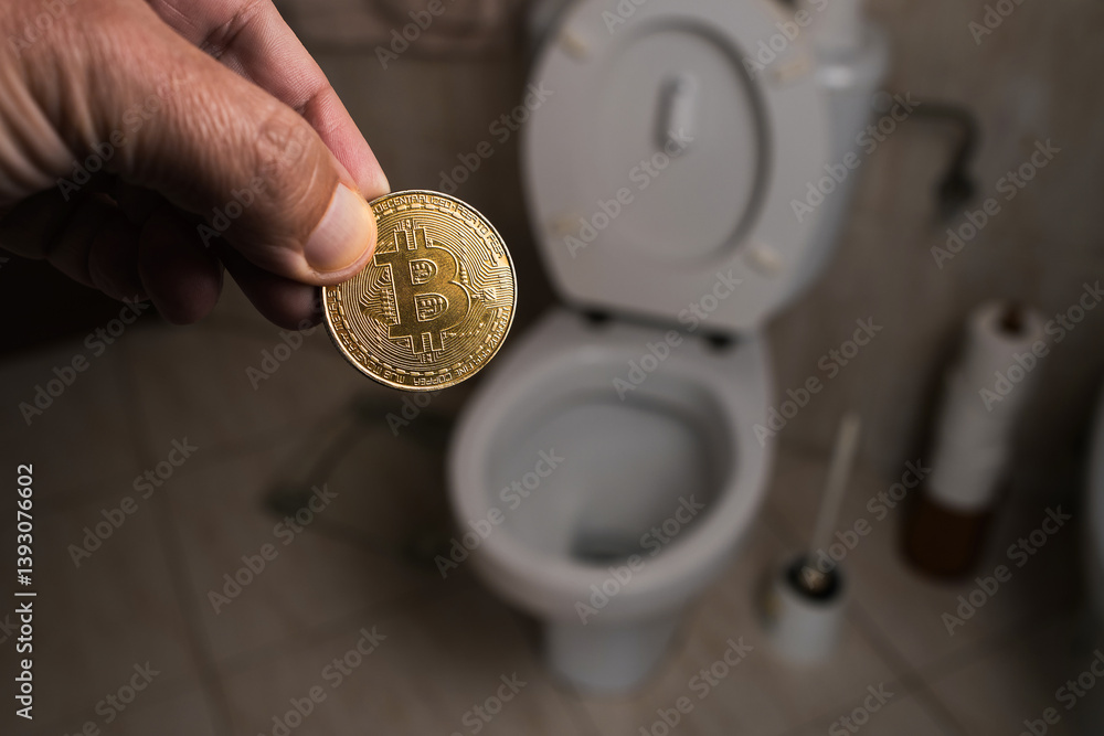 Fototapeta premium Holding a Bitcoin Above a Toilet in a Bathroom Setting