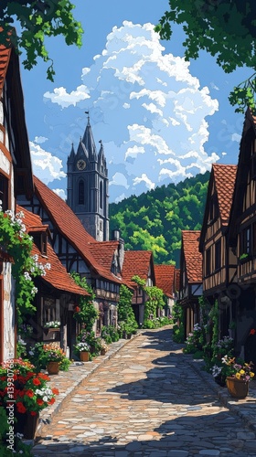 Quaint European Village Street with Historic Church and Cobblestone Pathway Surrounded by Scenic Hills and Greenery for Serene Summer Travel Exploration