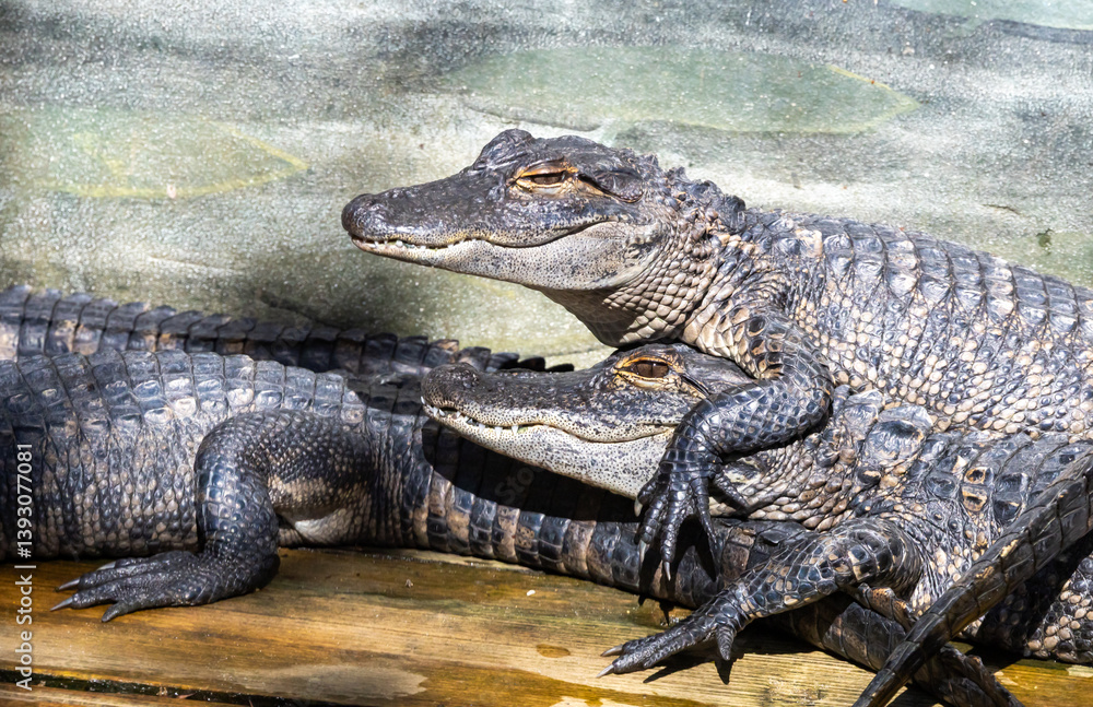 American Alligators basking in the sun at an alligator farm in Florida. Once on the brink of being extinct due to hunting have made significant improvements in population growth over the last 50 years American Alligators basking in the sun at an alligator farm in Florida. Once on the brink of being extinct due to hunting have made significant improvements in population growth over the last 50 years