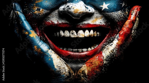 A vibrant face painted with the colors of the American flag, showcasing a joyful smile