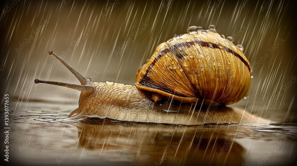 A close-up of a snail gliding through rain on a wet surface