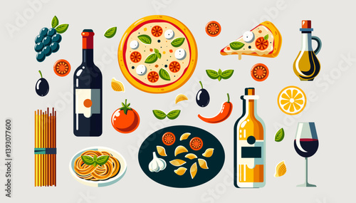 Flat Style Italian Food Vector Set – Pizza, Pasta, Wine, Olive Oil, Herbs, Ingredients – Traditional Cuisine Illustration on Light Background