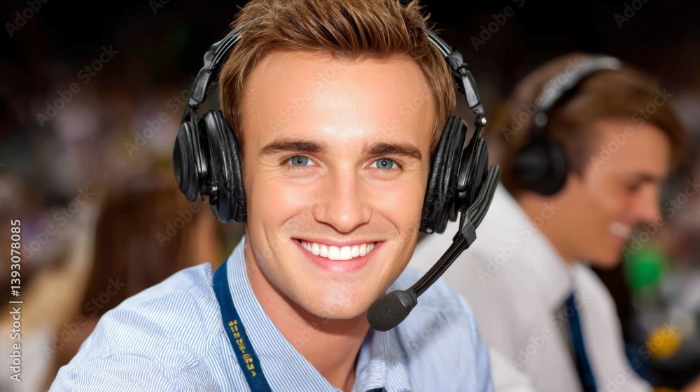 Smiling male broadcaster wearing a headset at a sports event