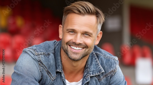 Smiling man in a denim jacket sitting on a stadium bench