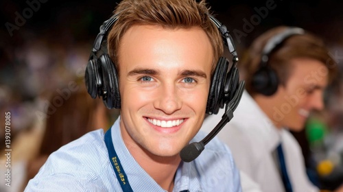 Obraz na płótnie Smiling male broadcaster wearing a headset at a sports event w salonie