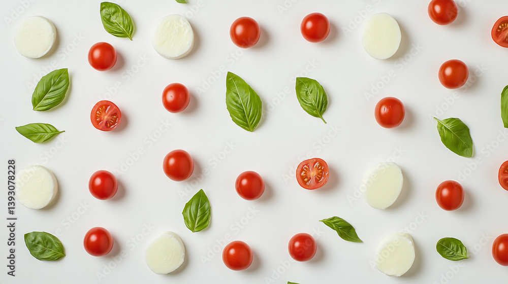 Caprese salad ingredients pattern with tomatoes, mozzarella and basil on white background Caprese salad ingredients pattern with tomatoes, mozzarella and basil on white background