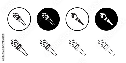 Torch flame icon outline collection or set in black and white