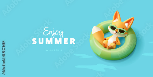 3D cute fox character in sunglasses lying on an inflatable pool float. Enjoying summer. Modern banner vector illustration.