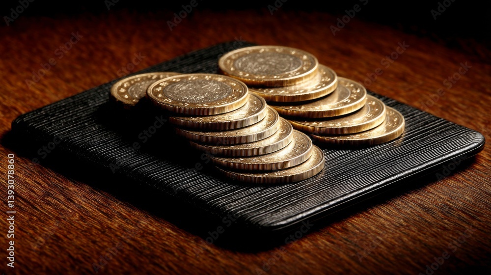 Stacked coins arranged neatly on a textured wooden surface