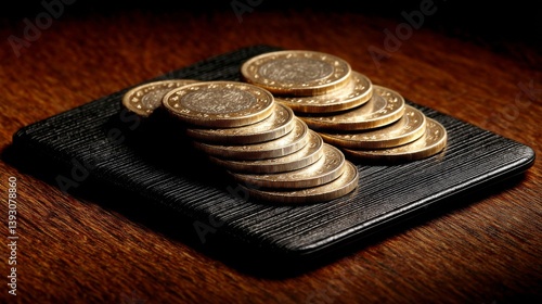 Obraz na płótnie Stacked coins arranged neatly on a textured wooden surface w salonie