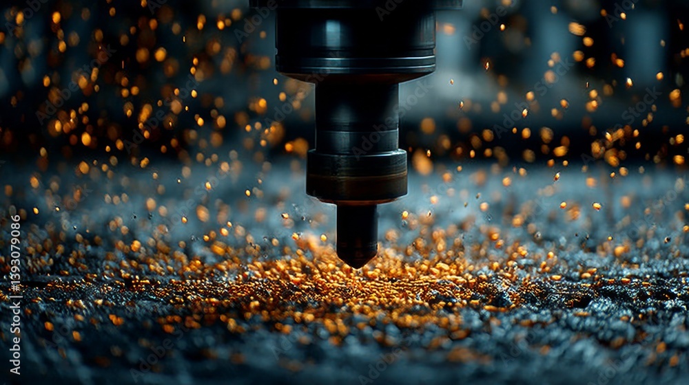 Close-up of a cutting tool creating sparks during metalworking process