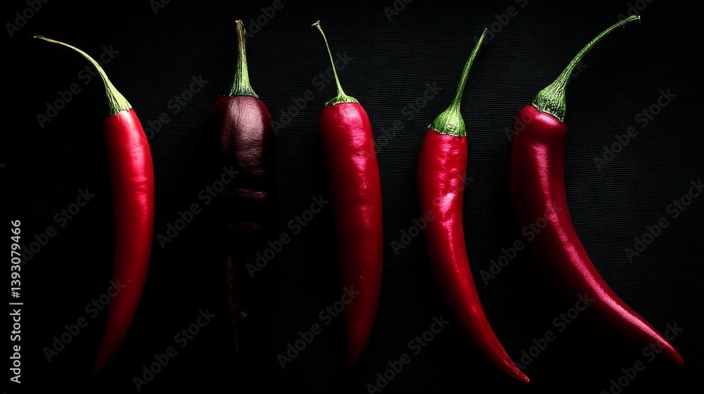 A vibrant display of red chili peppers arranged on a dark background