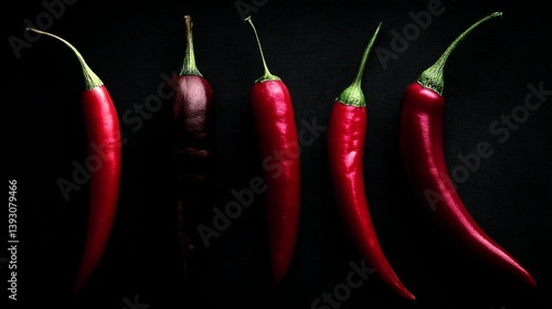 Obraz na płótnie A vibrant display of red chili peppers arranged on a dark background w salonie