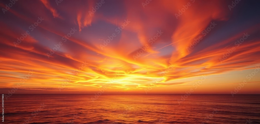 Fototapeta premium Fiery orange and purple sky over calm ocean at sunset, peaceful, palm trees, colors