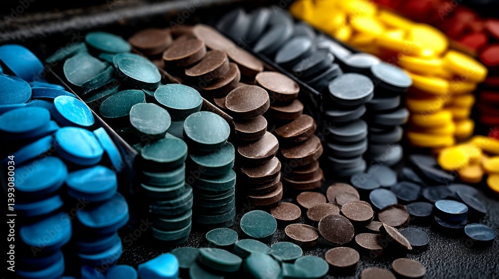 Colorful stacks of circular tokens arranged in various shades and sizes