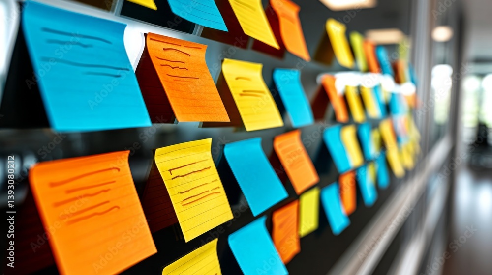 Colorful sticky notes arranged on a board in an office setting