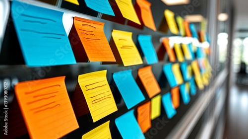 Colorful sticky notes arranged on a board in an office setting