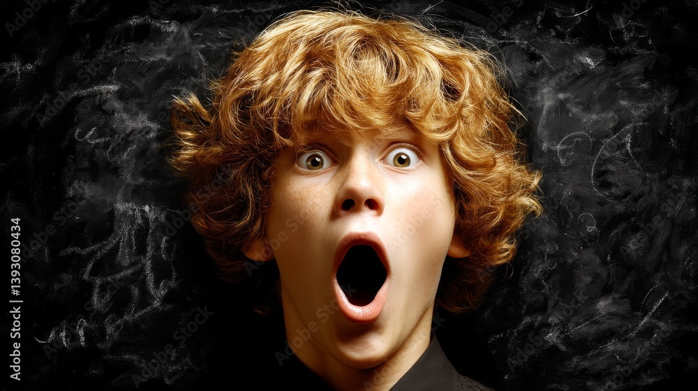 Surprised boy with curly hair expressing shock against a dark background