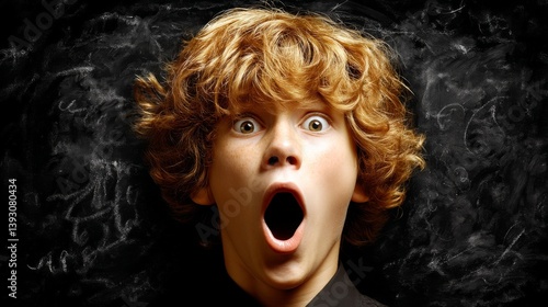 Obraz na płótnie Surprised boy with curly hair expressing shock against a dark background w salonie