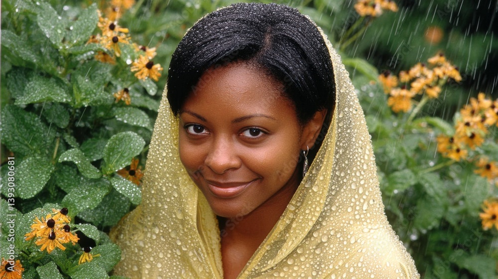 Young woman with a yellow scarf smiling among vibrant flowers in the rain