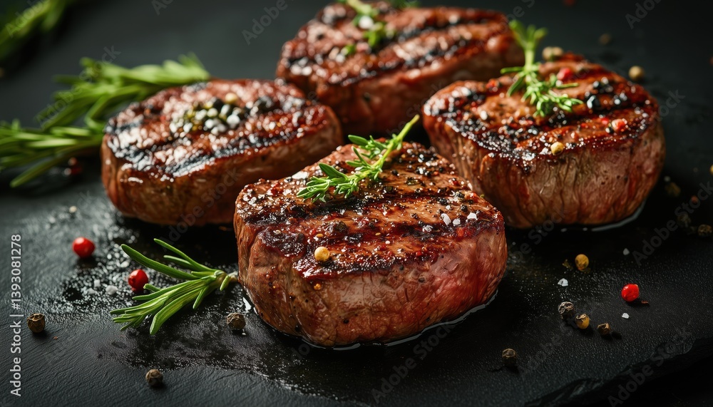 Succulent Grilled Beef Fillet Steaks Enhanced With Fresh Herbs And Exotic Spices Served On A Dark Platter. A Flavorful Delight! Succulent Grilled Beef Fillet Steaks Enhanced With Fresh Herbs And Exotic Spices Served On A Dark Platter. A Flavorful Delight!