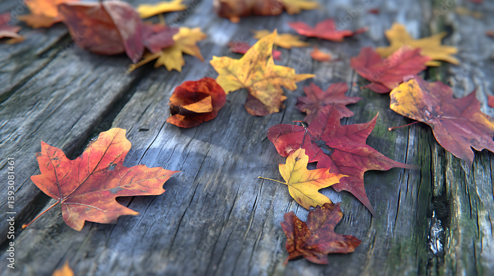 Obraz premium Autumn leaves on weathered wooden planks (2)