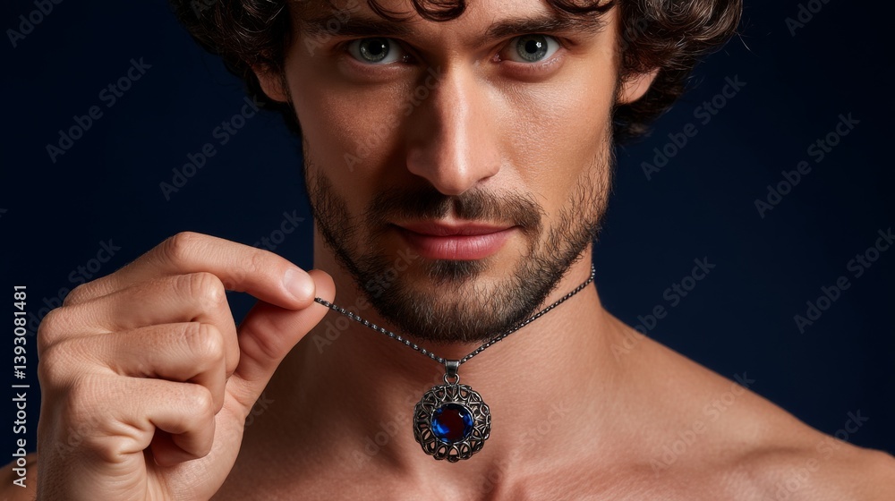 A man holding a vintage pendant necklace with a blue gemstone