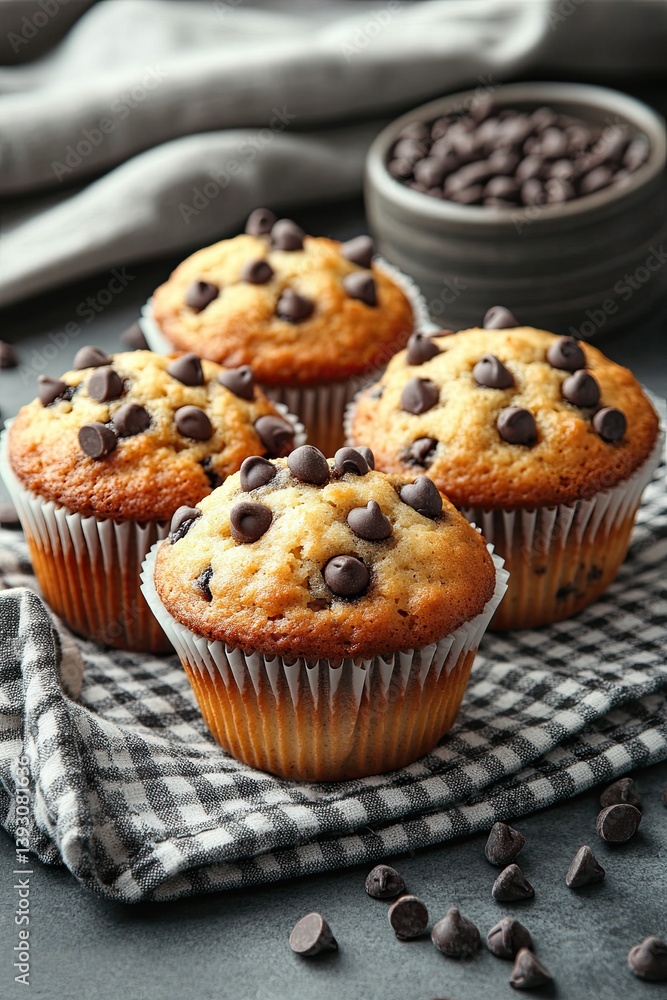 Chocolate chip muffins on a plate on a light gray background. Top view Chocolate chip muffins on a plate on a light gray background. Top view