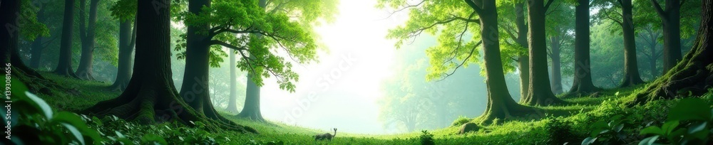 Fototapeta premium Secluded forest landscape with dense foliage and towering trees on a white background, forest, green