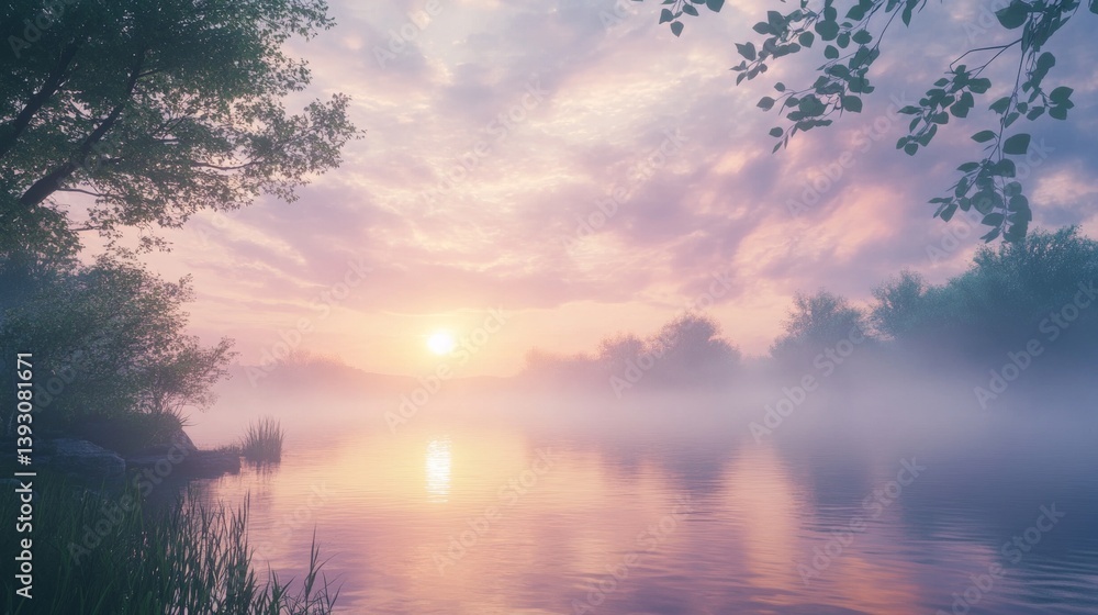 Fototapeta premium A peaceful sunrise over a lake with mist rising from the water, calm and serene 