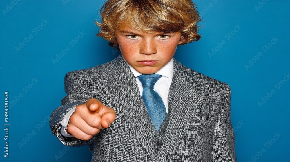 Confident young boy in a suit pointing directly at the viewer