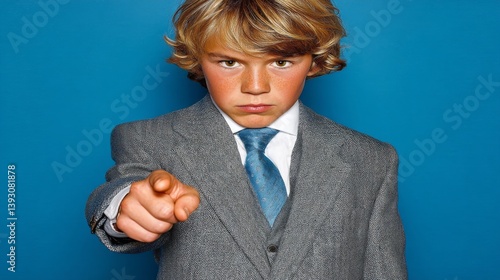 Obraz na płótnie Confident young boy in a suit pointing directly at the viewer w salonie