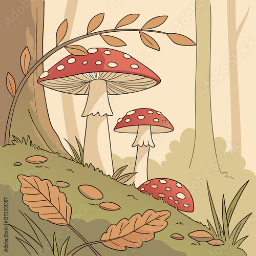 Watercolor mushrooms and forest floor elements