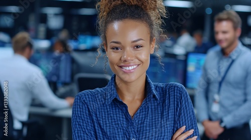 Obraz na płótnie Confident woman smiling in a modern office environment with colleagues w salonie