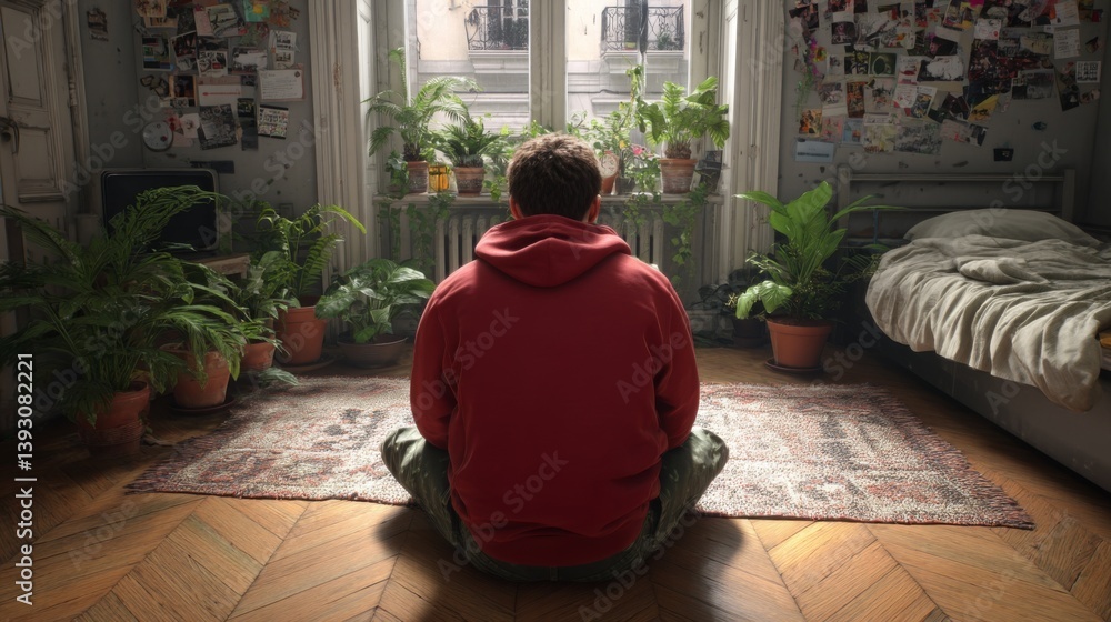 A person sitting on the floor in a cozy room filled with plants