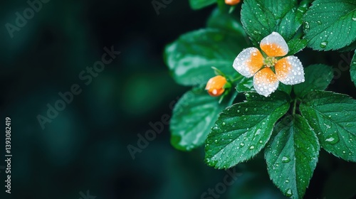 Close-up of a vibrant flower with droplets on leaves, surrounded by lush green foliage