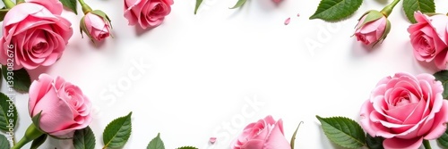 Wallpaper Mural Festive pink rose border with green leaves on white backdrop, romantic, floral Torontodigital.ca