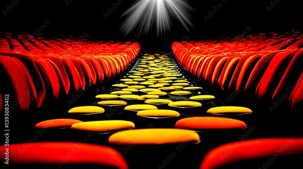 Rows of vibrant red and yellow theater seats create a striking visual