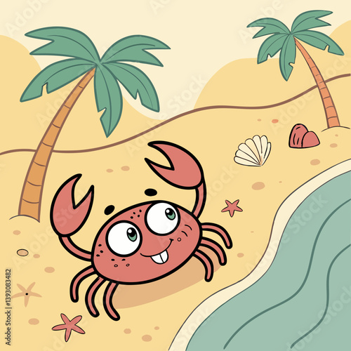 Cartoon crab waving on a sandy beach