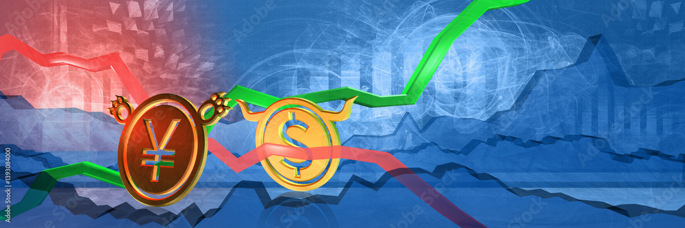 currency exchange rate background. bullish position of dollar to japanese yen or chinese yuan. chart with arrows and golden coins finance 3D illustration of forex trading