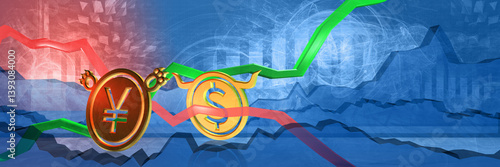 Obraz na płótnie currency exchange rate background. bullish position of dollar to japanese yen or chinese yuan. chart with arrows and golden coins finance 3D illustration of forex trading w salonie
