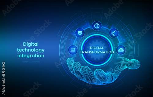 Digital transformation. Concept of digitization of business processes and modern technology. Digital transformation icon in wireframe hand. Disruption, innovation solutions. Vector illustration.