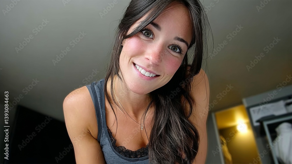 Smiling woman with long hair in a casual setting, looking at the camera