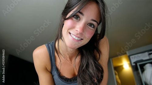 Obraz na płótnie Smiling woman with long hair in a casual setting, looking at the camera w salonie