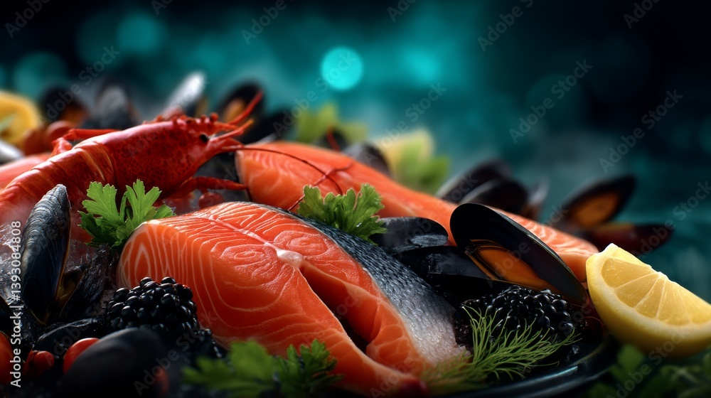 Fresh seafood platter featuring salmon, shrimp, and mussels with lemon
